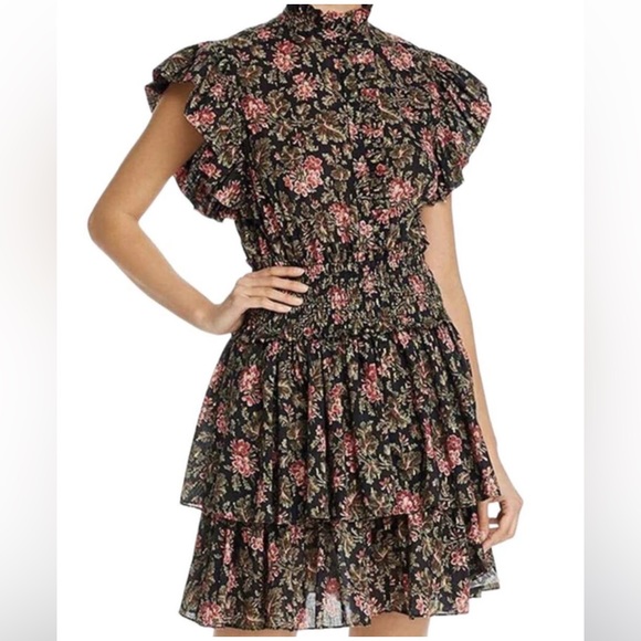 Rebecca Taylor La Vie Choette Cotton Floral Flutter Sleeve Smocked Tiered Dress - Picture 2 of 5